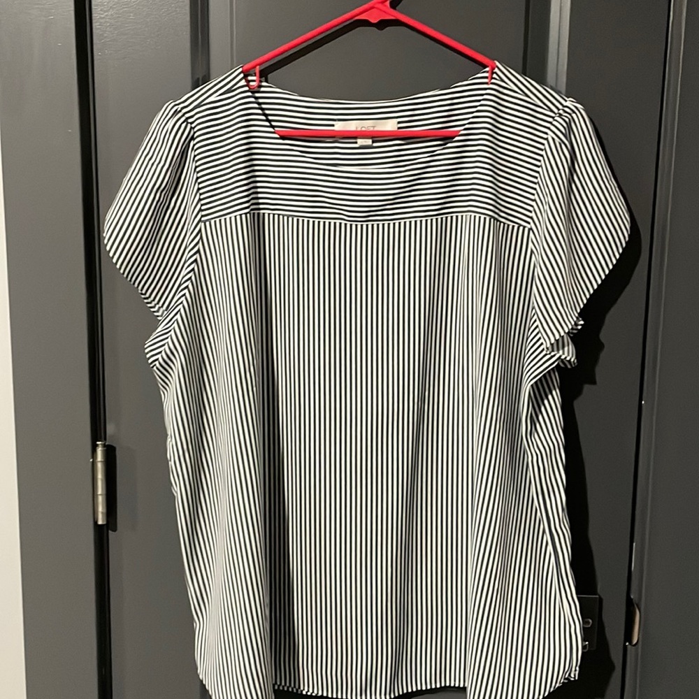 Loft blouse worn blueish grey and white stripe
